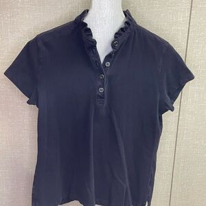 Navy, Lands End, Ruffled Collar Women's Top